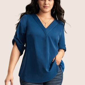 NWT L 12 Blue Rolled Sleeve Blouse FLOWY L-1163